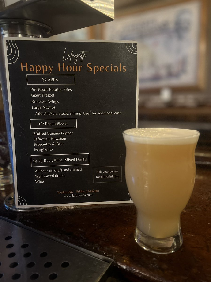 lafayettebc's tweet photo. Check out our happy hour specials every Wednesday through Friday 4 to 6 pm.. $7 apps, 1/2 prized pizzas and $4.25 drinks!
Have a taste of our newest beer GOOFALOO
Sour lager fruited with Curuba, peach and tart cherry at 5% ABV 8 IBU

#happyhour #happyhourspecials #happyhourdrinks https://t.co/8EQoareinb