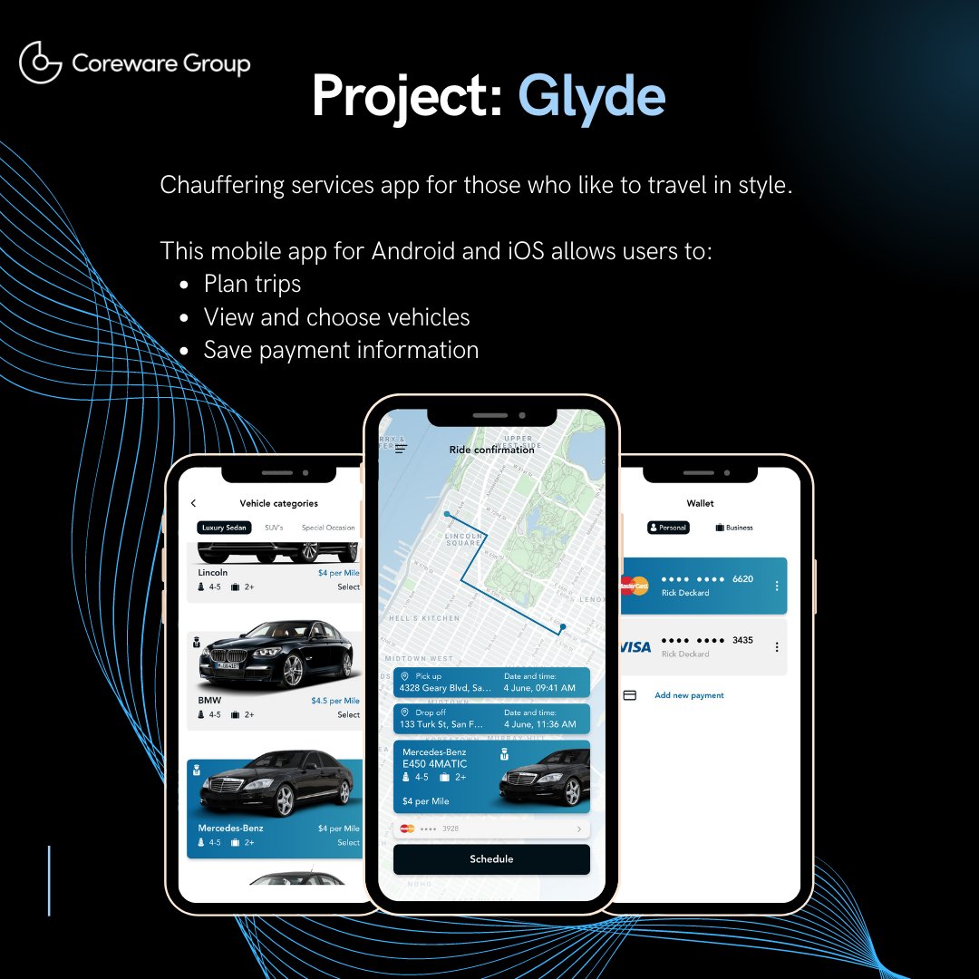 corewareus's tweet image. What makes Glyde such a great idea? It has capabilities like trusted drivers, route optimization, and fleet management.  Coreware Group delivers high-end user experiences that will rival any Fortune 500 transportation company.
#CorewareGroup #appdevelopment #Drivingapp #luxury