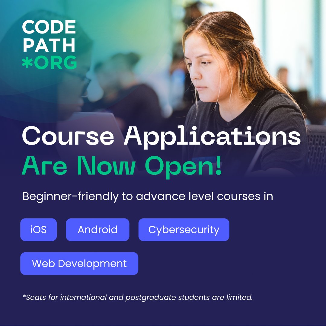 codepath's tweet image. Be the first to apply!  Applications are now open for CodePath's Spring 2023 courses.  

#codepath #coding #softwareengineering #tech