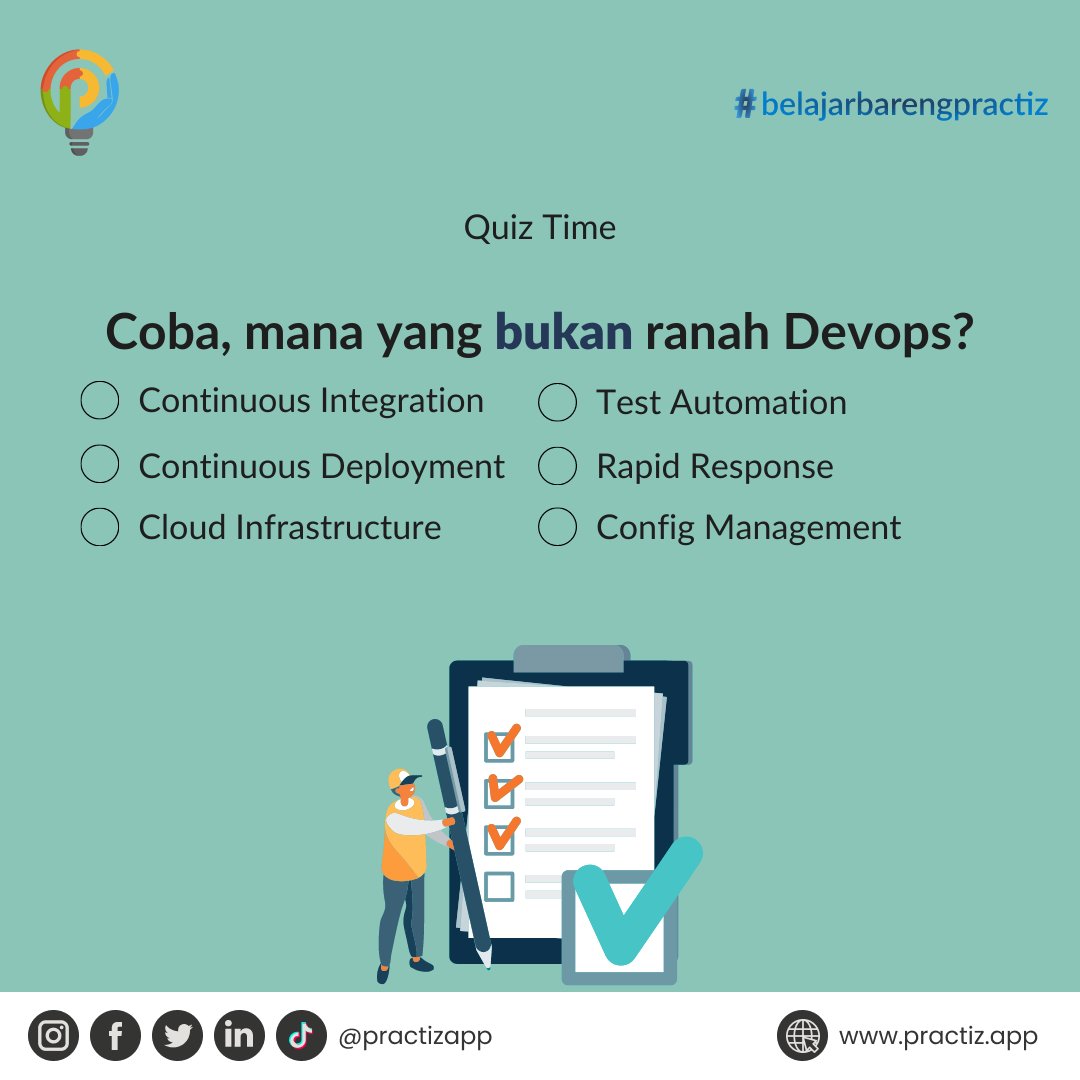 creatifHQ's tweet photo. Kita review materi 2 pekan lalu yuk, yang udah lihat video kenalan sama DevOps pasti tau jawabannya 😆 

#devops #technology #materidevops #quizdevops #quiz #belajarbarengpractiz #practiz #practizapp https://t.co/DzfaaO4gth