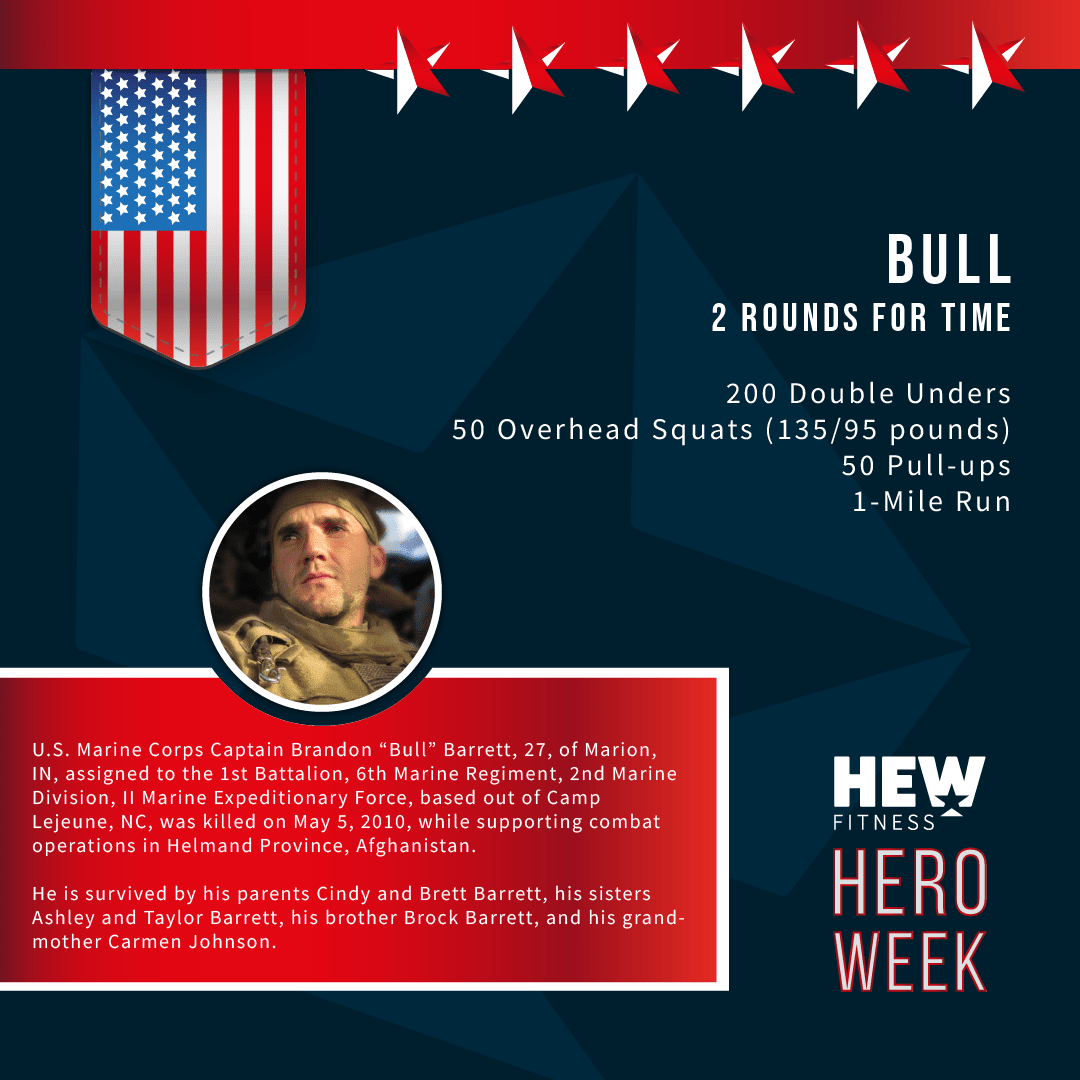 hew_jupiter's tweet photo. The final workout release for our 2022 #hewhellweek is officially here! We are proud to honor the life of U.S. Marine Corps Captain Brandon "Bull" Barrett tomorrow. Wear your R.E.D. and get ready for 2 tough rounds for time! https://t.co/sF7RyV0qzB