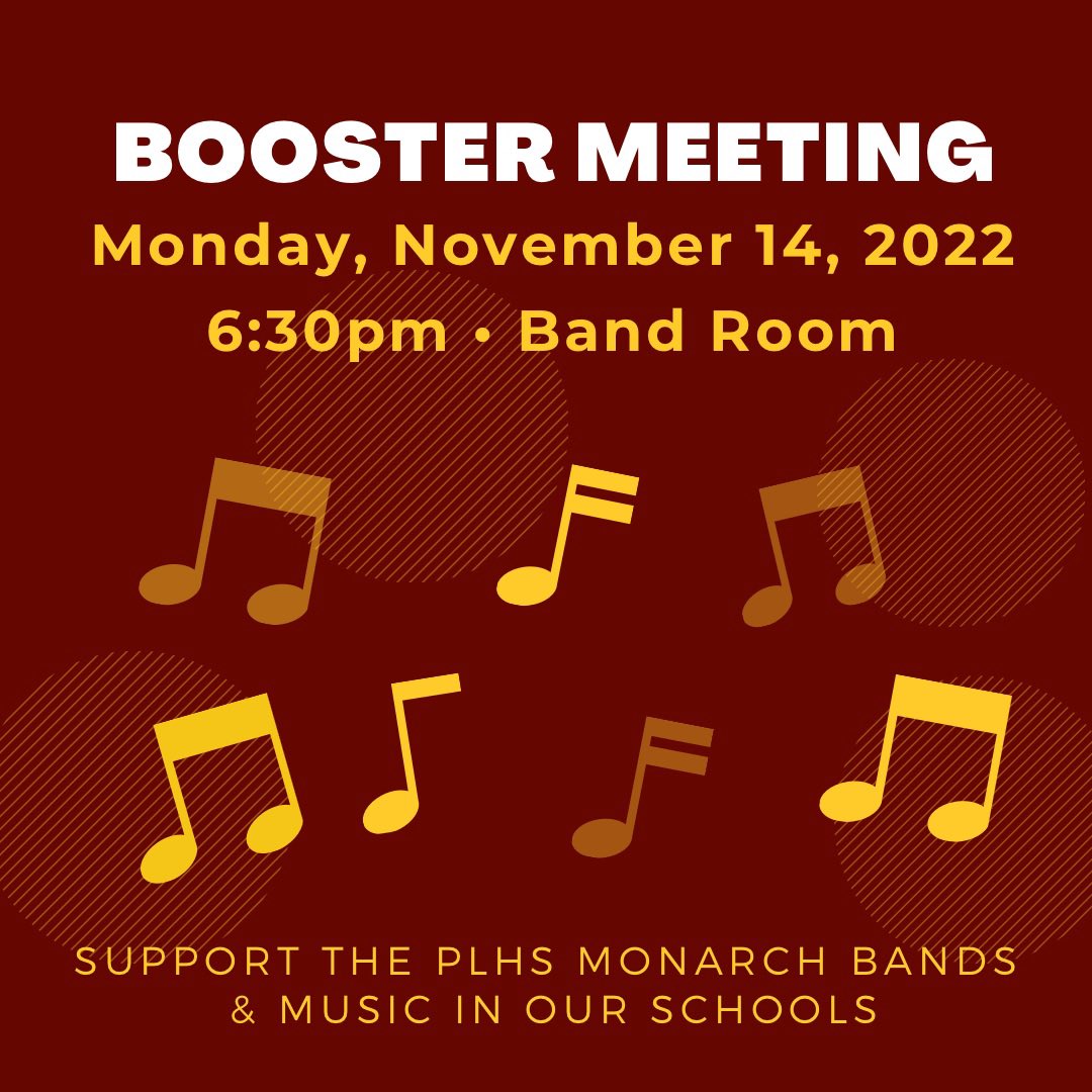 PLHSBandBooster's tweet photo. Join us for our November board meeting and help us make decisions for the band. 

We love seeing new faces and we don’t bite… promise! https://t.co/VI14lzeE6w