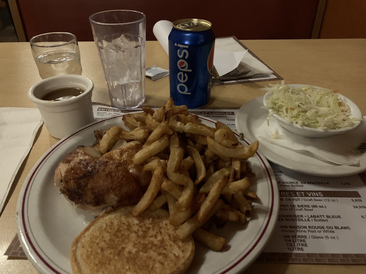 mchkzn's tweet photo. Quarter chicken with fries, coleslaw and bun. Cheesecake and ice cream for dessert. Good to see this restaurant nice and full. #ChaletBBQ https://t.co/vKsByRpc7J