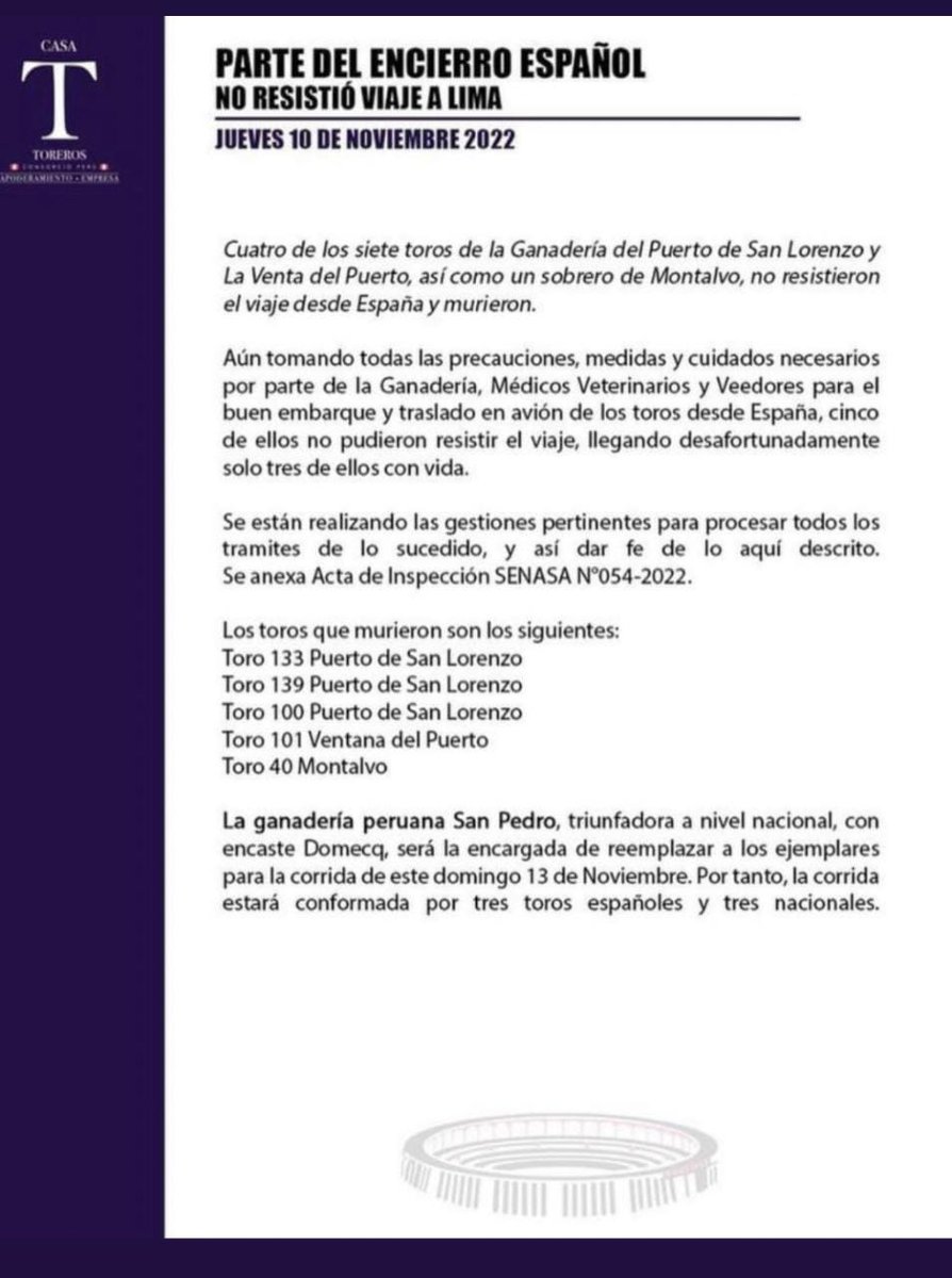 Corridas de toros estan fuera de ley 30407 y por ello NO pueden ser procesadas como maltrato animal (por ahora).

Este "traslado" que terminó en la muerte de los toros sí debería considerarse maltrato animal pues no es parte del espectáculo en sí.

<a href="/FiscaliaPeru/">Ministerio Público</a> debe actuar.