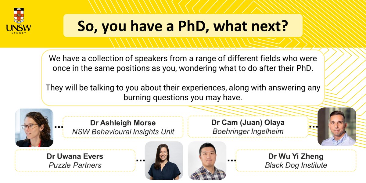 SPPC_UNSW's tweet photo. So you have a PhD, what next? Look forward to our fantastic panel line-up at #SPPC2022! Hear about their journeys and experiences post-PhD.

For more info: https://t.co/Uhgkcvo7S8
@UNSWScience https://t.co/SgkrTjy37l