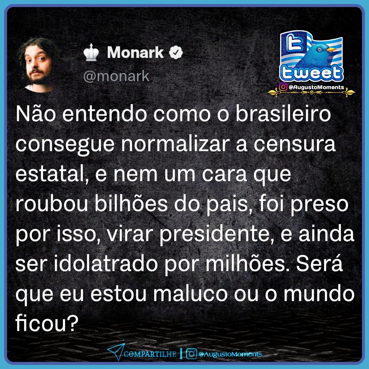 AugustoMoments's tweet photo. 𖣔 Pois é, também não consigo entender... 🤦🏻
⠀ Deixe sua Opinião abaixo nos Comentários ⬇️💬✍🏻
⠀
��⠀◆⠀◆
⠀
Link do Post em nosso Instagram:
https://t.co/IhBdp2cDHl

#Eleicoes2022 #Eleicoes2022 #SegundoTurno https://t.co/Lup7XM7h2M
