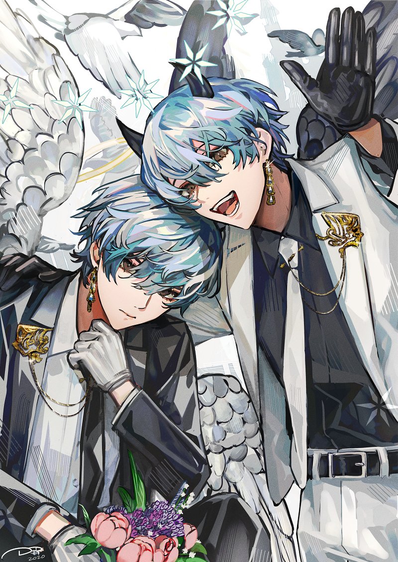 2boys wings multiple boys gloves male focus blue hair angel  illustration images