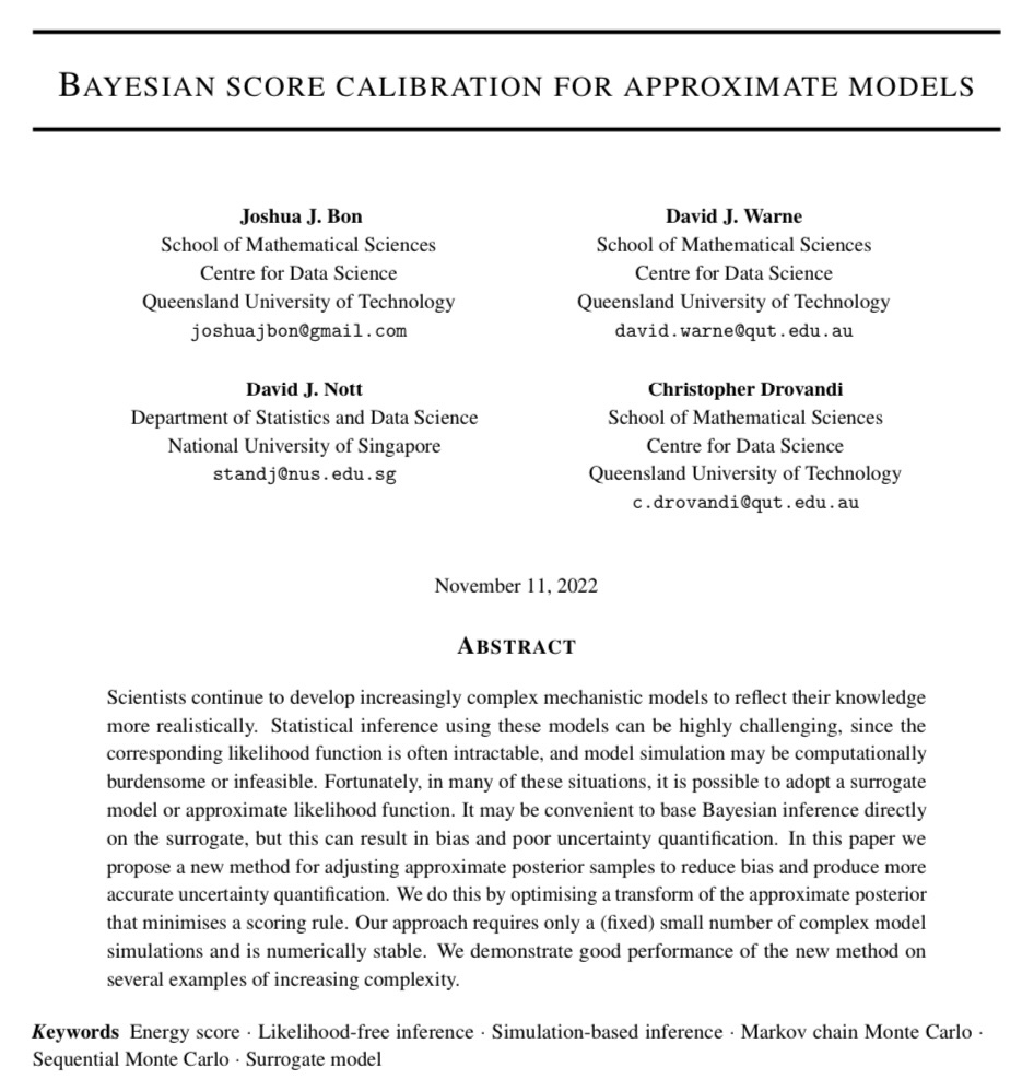 Joshua Bon (@bonstats) on Twitter photo Really stoked to have this paper out in the wild!
We present a straight forward approach to simulation-based inference that can utilise approximate models.
Thanks to the great team <a href="/DavidJWarne/">David James Warne</a> David Nott <a href="/chris_drovandi/">Chris Drovandi</a> that worked on this!
arxiv.org/abs/2211.05357 Really stoked to have this paper out in the wild!
We present a straight forward approach to simulation-based inference that can utilise approximate models.
Thanks to the great team <a href="/DavidJWarne/">David James Warne</a> David Nott <a href="/chris_drovandi/">Chris Drovandi</a> that worked on this!
arxiv.org/abs/2211.05357