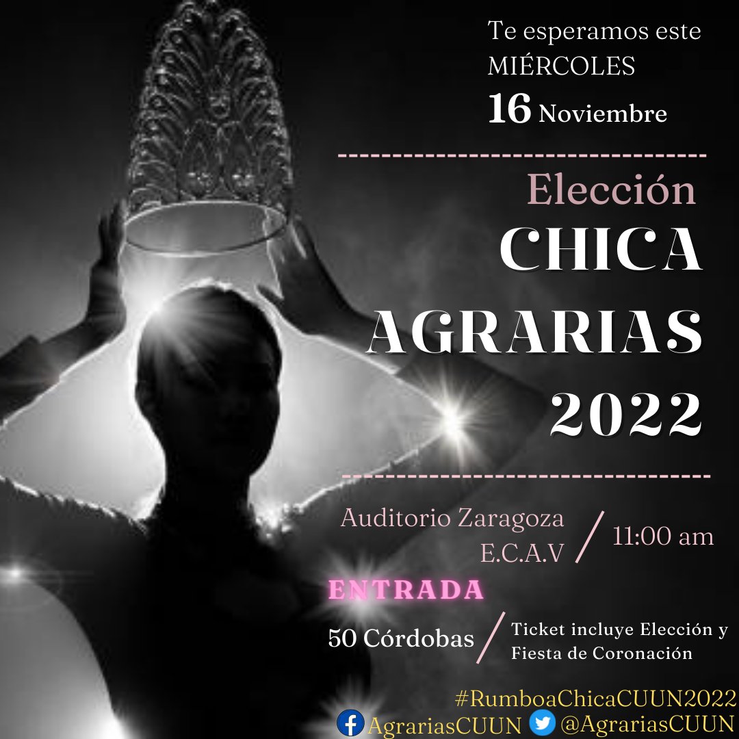 #CUUN1914 
Ven y apoya a tu candidata favorita en la Elección de CHICA AGRARIAS 2022!
Miércoles 16 de Noviembre.
NO TE LO PUEDES PERDER! 👑🎉🎊
#ChicaAgrarias2022
#RumboaChicaCUUN2022