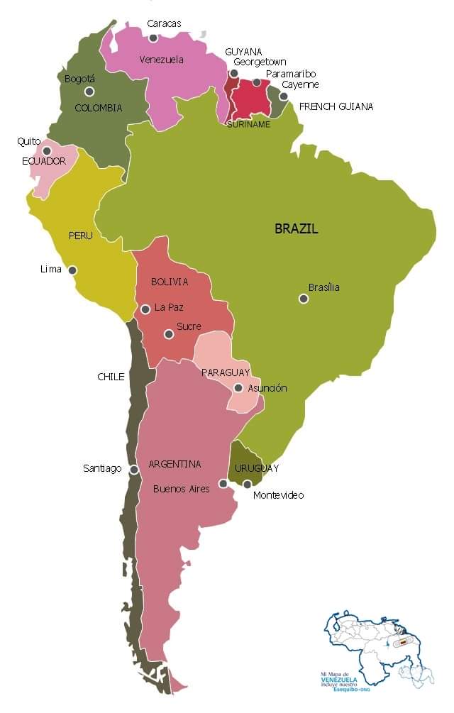 AntroCanal's tweet photo. Comparte el Mapa de Suramérica con las respectivas capitales de cada país #10Nov #MiMapa 

Forma parte de los que eliminamos la Mediática guyanesa! Comparte las verdaderas fronteras.

#EsequiboEsVenezuela 
#TigriIsVanSuriname https://t.co/6cbHUCTb6g