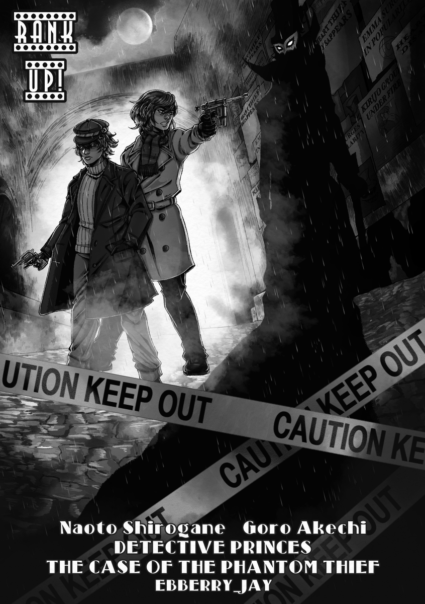 Had a great time trying to mimic a Film Noire style poster of the Detective Princes for <a href="/upzines/">RANK UP!: Friendship Zine @ COMPLETED</a> print!

#Persona5 #Persona4 #ArtistOnTwitter