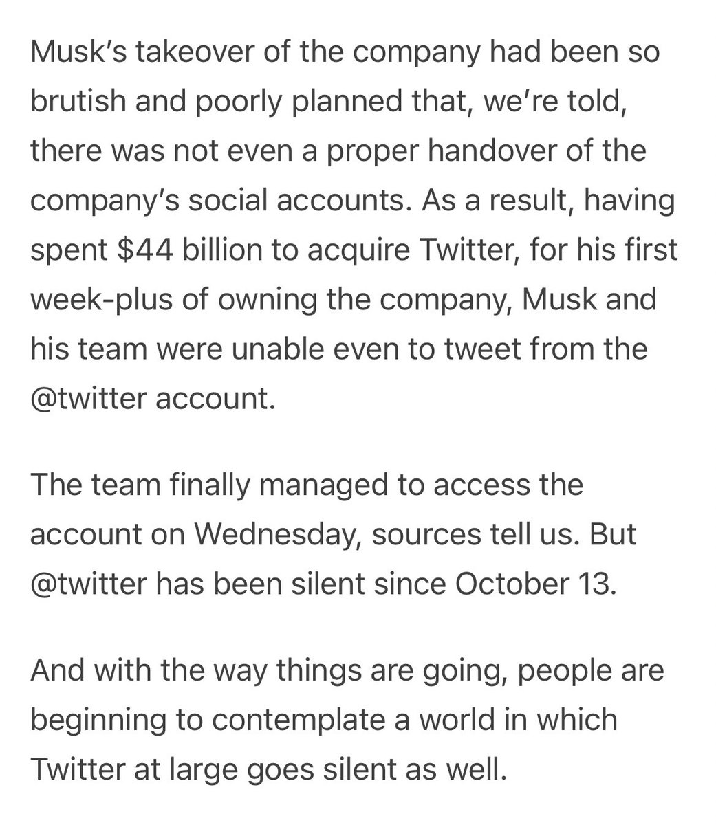 "Musk's takeover of the company had been so brutish and poorly planned that, we're told, there was not even a proper handover of the company's social accounts" platformer.news/p/inside-the-t…