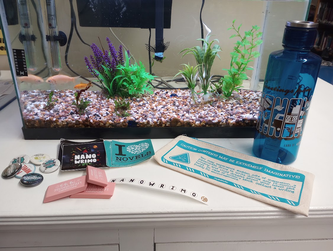 Closing in on 8:30pm, 25 students still at the Write-In. Cumulatively, they've written over 35K just tonight! Highlights include seniors leading 6th graders in an outdoor yelling/jumping jack break. Also, some sweet #NaNoWriMo prizes await (fish not included) #nanowrimoywp