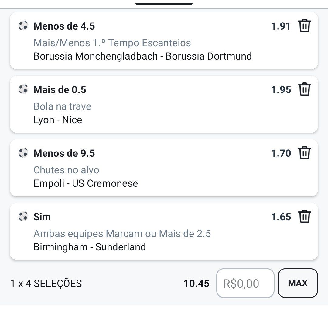 aposta_perfil's tweet photo. 🇩🇪 - Borussia M'gladbach x Borussia Dortmund -4,5 Escanteios HT (1,5%)
🇫🇷 - Lyon x Nice +0,5 bola na trave (1,25%)
🇮🇹 - Empoli x Cremonese -9,5 chutes no alvo (2%)
🏴󠁧󠁢󠁥󠁮󠁧󠁿 - Birmingham x Sunderland ambos marcam ou +2,5 (2%)

Mutipla: 0,25% https://t.co/uBSc4DzupE