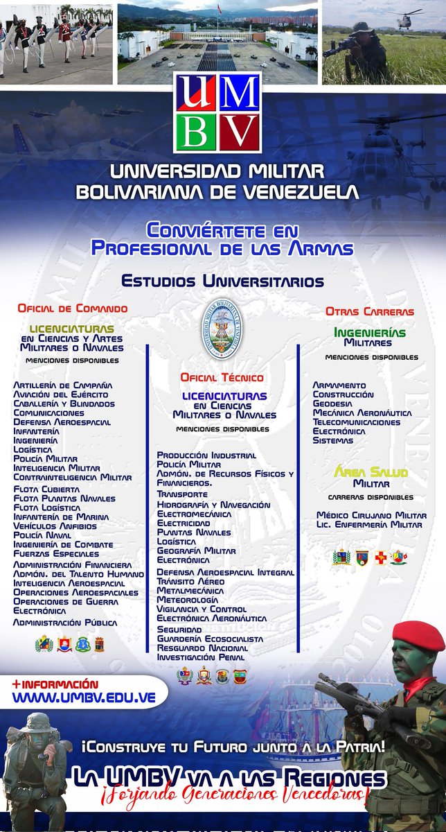 Umbv_Fanb's tweet photo. #Enterarte ||Jóven venezolano y venezolana, si eres menor de 21 años, bachiller o estas cursando el último año de bachillerato, la UMBV es tu mejor opción.Te presentamos las oportunidades de estudio, podrás ser oficial de comando o técnico.#UMBV Forjando Generaciones Vencedoras. https://t.co/Oorj4oImTm