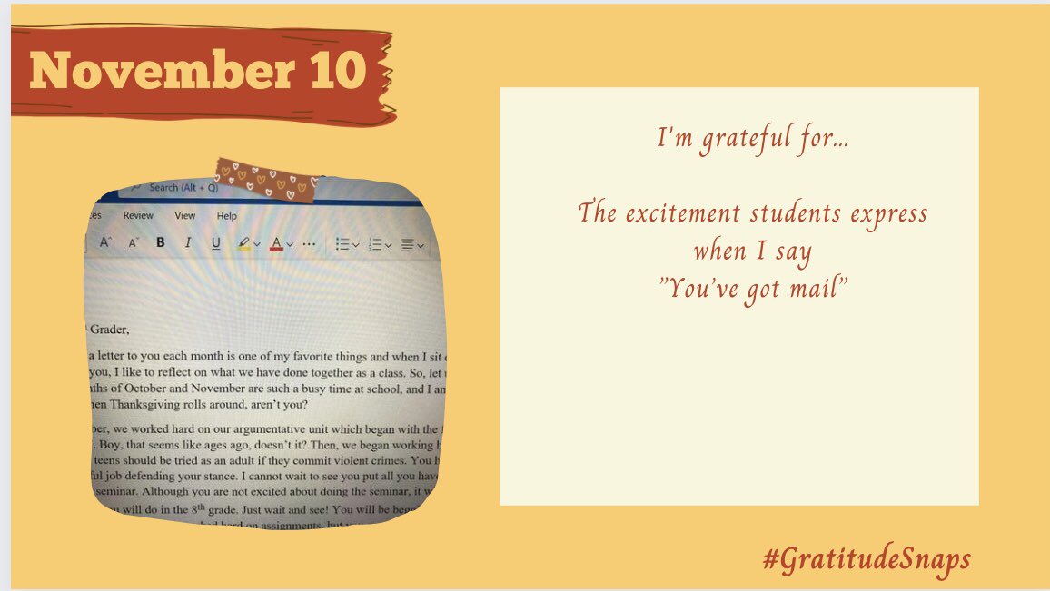 rcmcentyre's tweet photo. Thankful for the opportunity to connect with my Ss by writing a letter to them each month. Their excitement when I say “You’ve got mail” makes me happy! They ❤️ to receive &amp; I ❤️ their letters back to me. BTW,my students are 8th graders 😊#GratitudeSnaps @TaraMartinEDU @tishrich https://t.co/JeTBnOIiPk