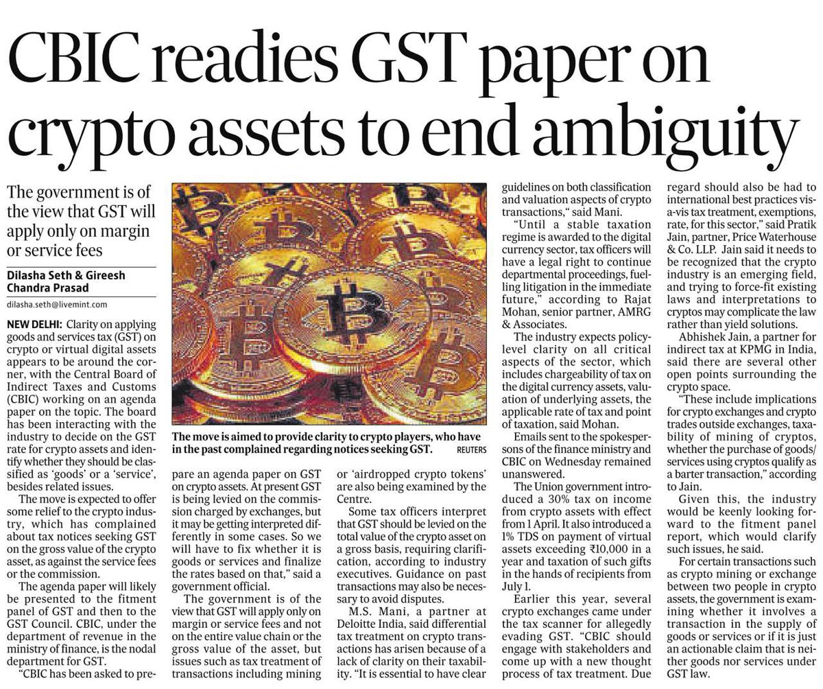 1/ CBIC getting ready to present an agenda paper on GST on #crypto assets.  This will bring much needed clarity on the application of GST on virtual  digital assets. Govt. is of
