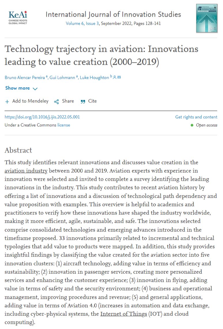 📰#NewArticle in 2022

"#Technology trajectory in #aviation: #Innovations leading to #valuecreation (2000–2019)" 

by Bruno Alencar Pereira, <a href="/Prof_GuiLohmann/">Gui Lohmann</a> and Luke Houghton. 

Read more: sciencedirect.com/science/articl…
