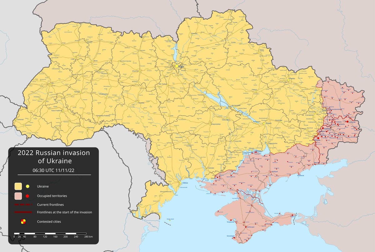 Ukraine_War_Map's tweet photo. Map of the situation on the ground in Ukraine as of 06:30 UTC 11/11/22

#UkraineCrisis #UkraineUnderAttack #Kyiv #Kharkiv #Odesa #UkraineRussiaWar #Luhansk #Kherson #Mykolaiv https://t.co/JhI7Br8az6