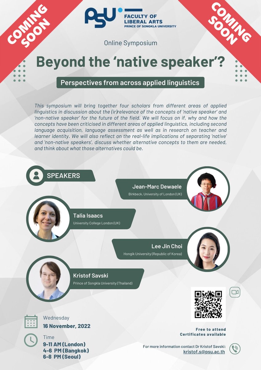 Symposium about "native speaker" with <a href="/TaliaIsaacs/">Talia Isaacs</a>, JM Dewaele (<a href="/BirkbeckLCAL/">BBK - Languages, Cultures and Applied Linguistics</a>) and Lee Jin Choi just around the corner. Zoom link and registration here: forms.gle/7zotu33YaUQZPm…