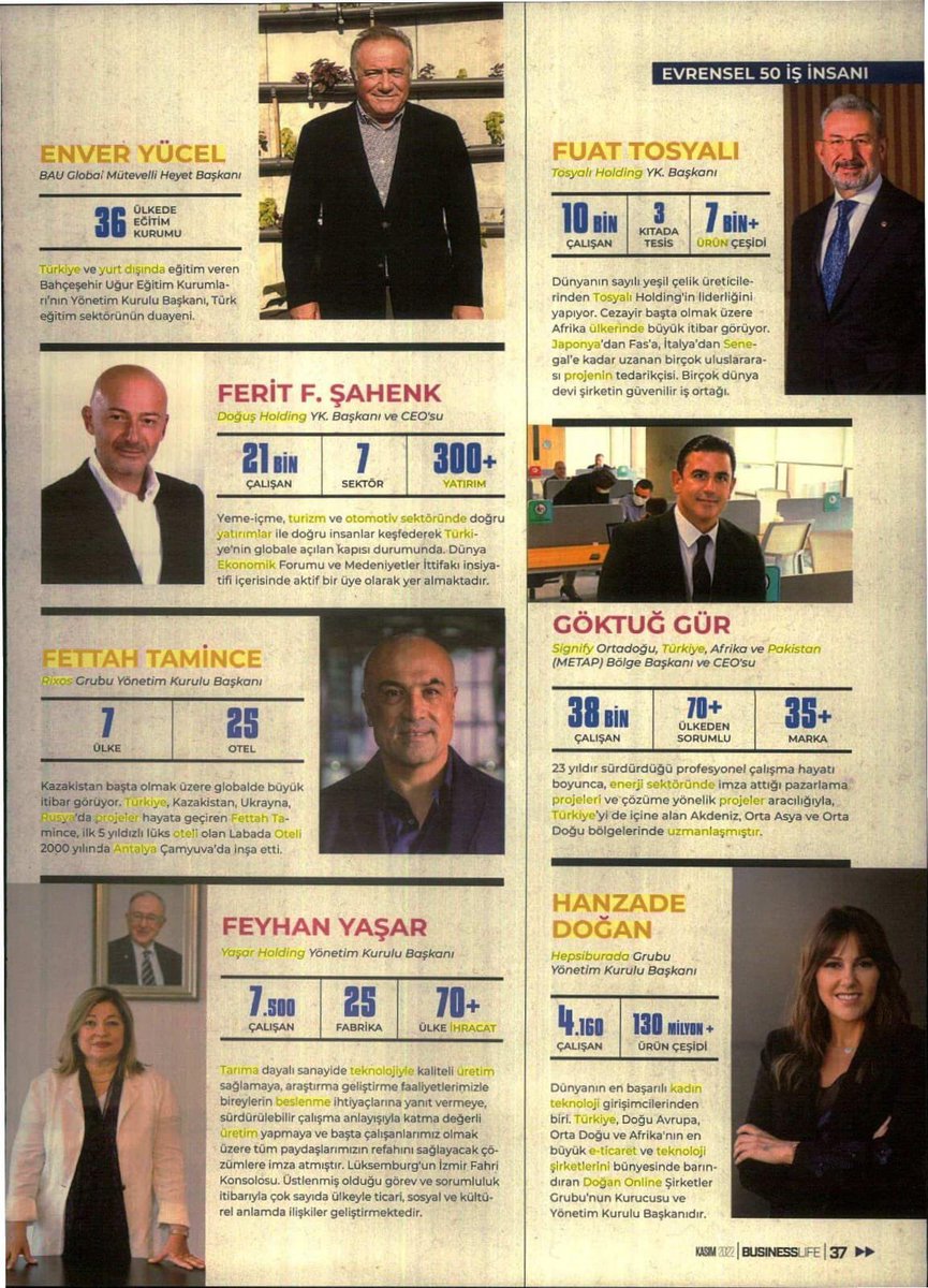 Evrensel 50 işadamı listesinde sadece eğitim alanından <a href="/EnverYucel/">EnverYucel</a> hocanın olması çok önemli. Sadece Eğitim gibi zor bir alanda faaliyet göstermek ve bu listeye girmek çok ama çok uğraş gerektirir. Değerli hocamızı tebrik ediyorum.