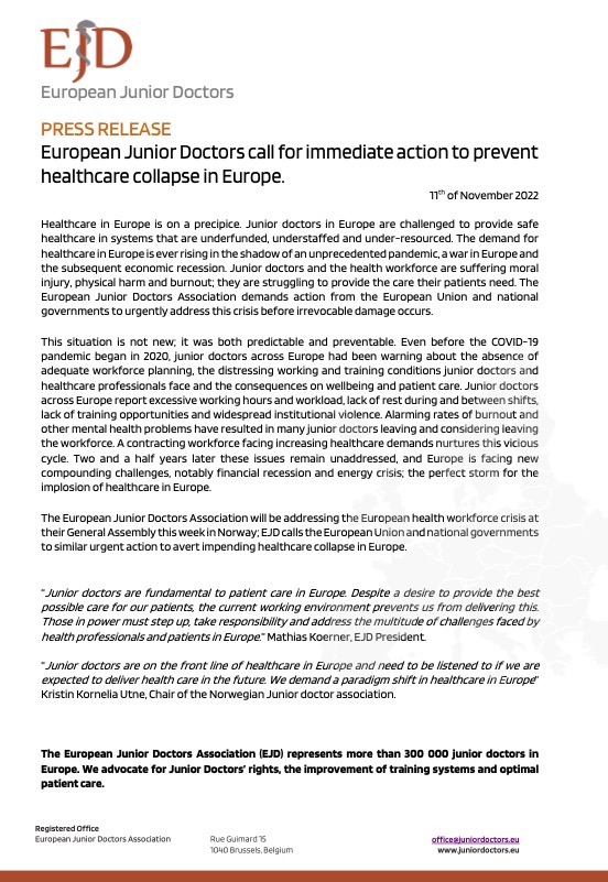 BREAKING NEWS: #Oslo, #Norway 🇳🇴 : #European #juniordoctors <a href="/ejdpwg/">EJD</a> call for immediate action to prevent #healthcare #collapse in #Europe. <a href="/YngreLeger/">Yngre leger</a> <a href="/legeforeningen/">Legeforeningen</a> #workforce #health #workingconditions #wellbeing #burnout
Press release available at: ow.ly/M5Lu50LABOn