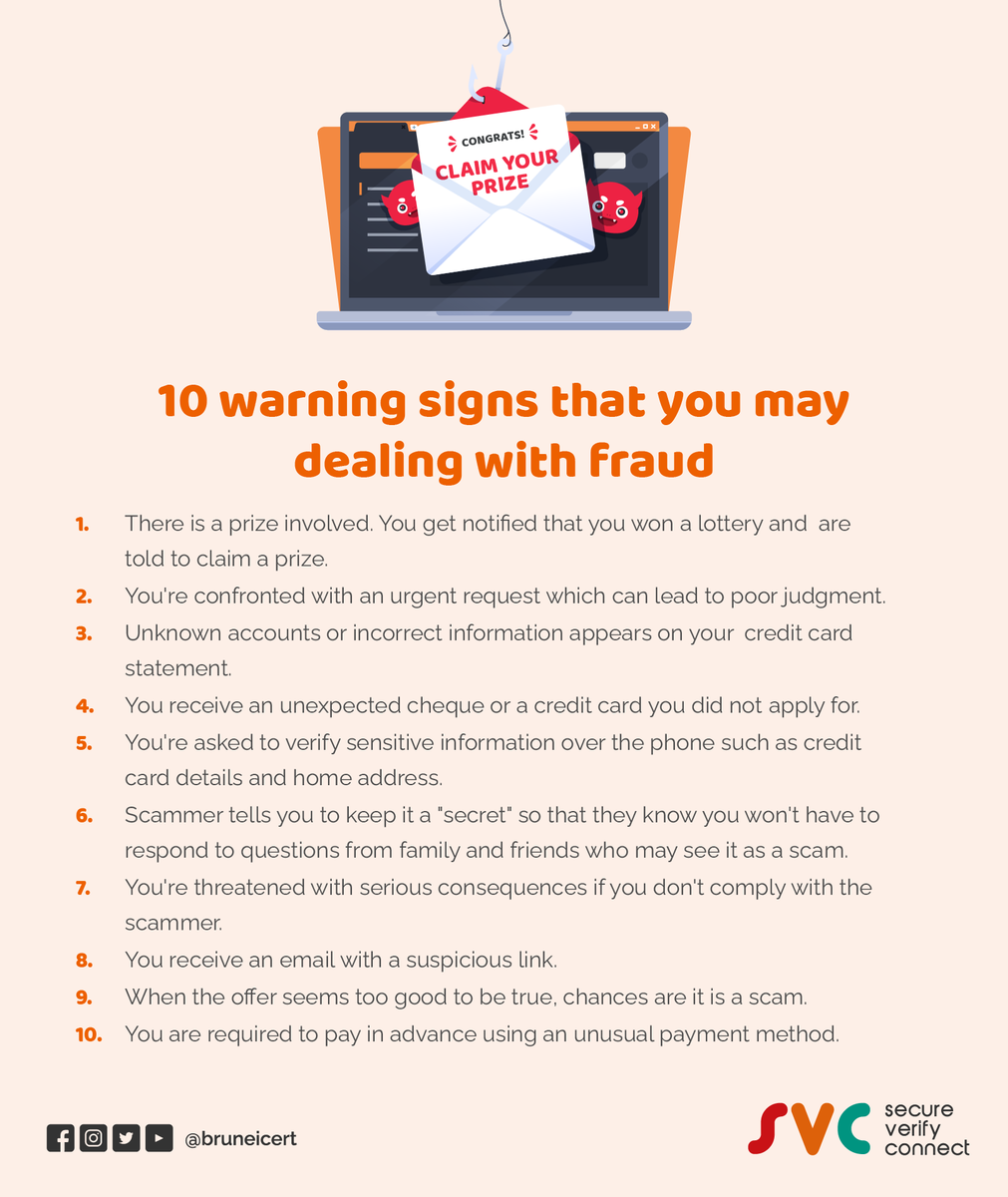 BruneiCERT's tweet photo. 13-19 November marks International Fraud Awareness Week. This week, we would like to remind everyone to stay safe and vigilant against fraud.
#Brunei #BruCERT #SecureVerifyConnect #InternationalFraudAwarenessWeek https://t.co/KphRpP6Hyr