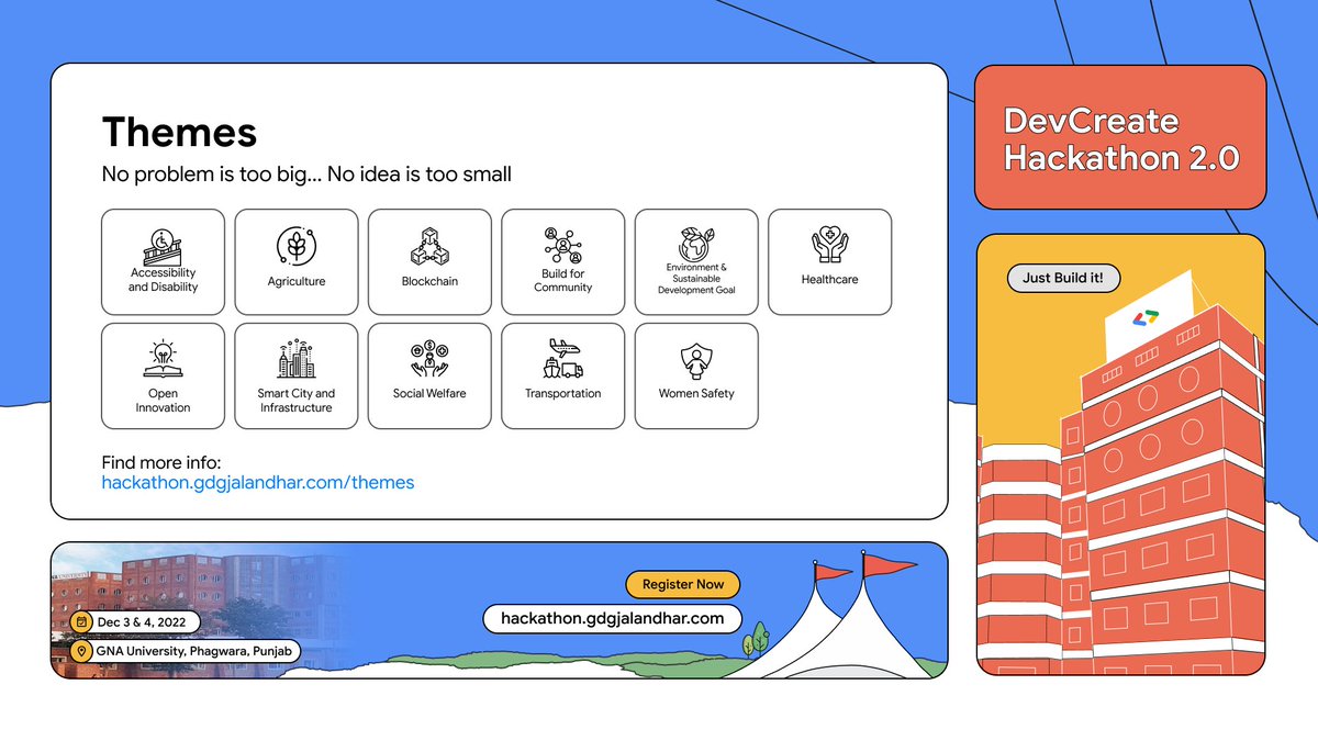GDGJalandhar's tweet image. Brace yourself for building solution with a wide range of themes at #DevCreateHackathon

✅ Select the Theme 
✅ Worked on the Idea/Problem Statement 
✅ Create the team at DevFolio
✅ Submit your Idea/Problem Statement by Nov 23

🔗 hackathon.gdgjalandhar.com

#DevCreate #Hackathon