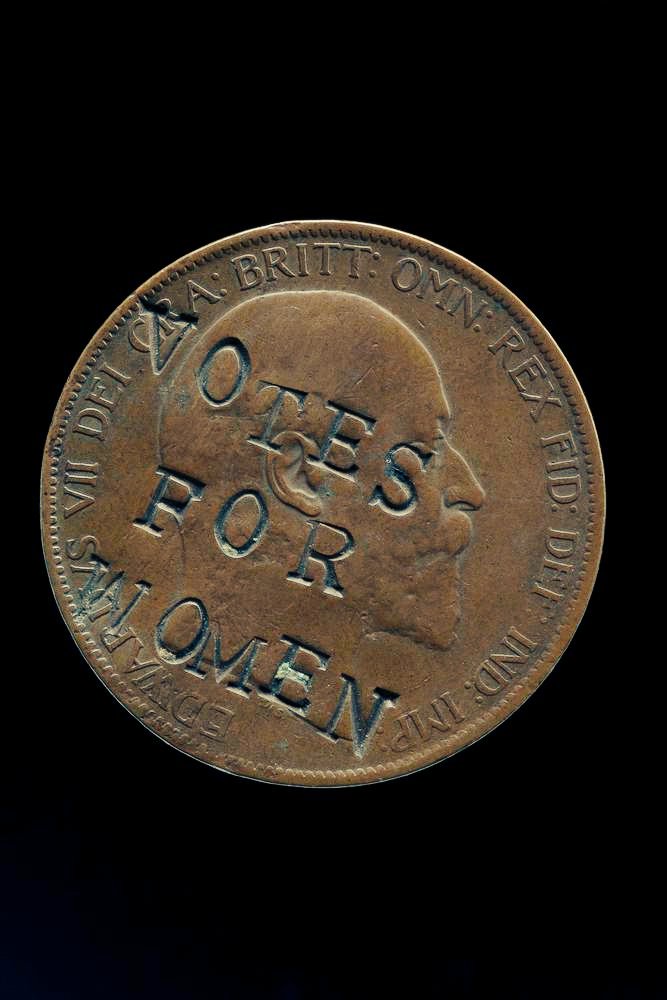 womensart1's tweet image. Suffragette-defaced Edward VII penny with subversive political graffiti for the women's suffrage cause - 20thC, UK  via the British Museum  #WomensArt