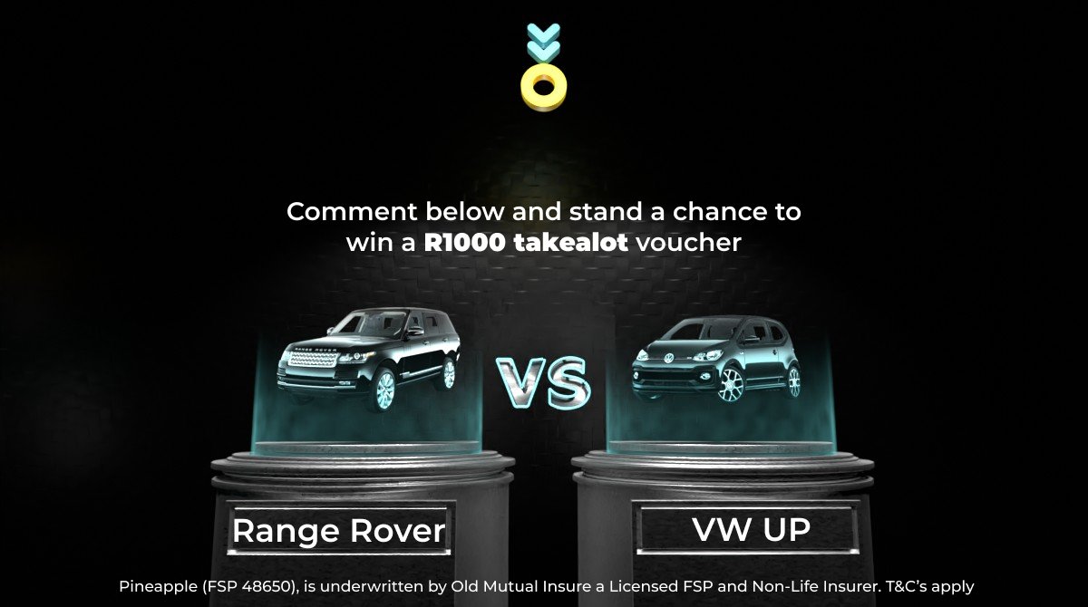 Pineapple_SA's tweet photo. Comment with your vote &amp; stand to WIN a R1000 Takealot voucher. Retweet &amp; tag a friend for another entry! Ts&amp;Cs apply.

Range Rover vs VW UP!

#LetTheGamesBegin #PineappleInsurance #BlackFridayBrandOff https://t.co/3Gwfi3Drt3