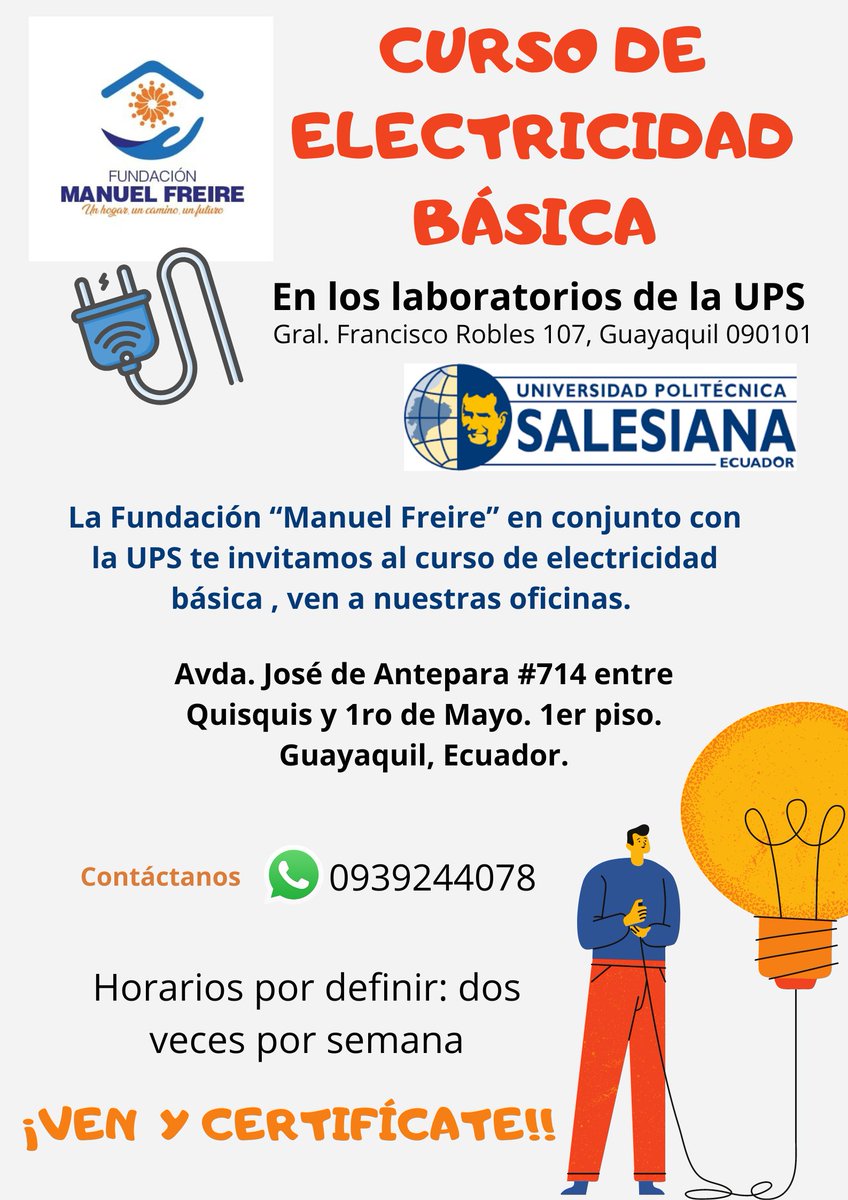 FundacinManuel2's tweet photo. Curso de electricidad básica dictado por maestros de la UPS. Las clases serán dos veces por semana durante un mes en los laboratorios de la universidad.  Contáctanos mediante WhatsApp e inscríbete en este genial curso.  *Al finalizar recibirán un certificado de asistencia.🥳😎✨ https://t.co/M48lnHNxLO