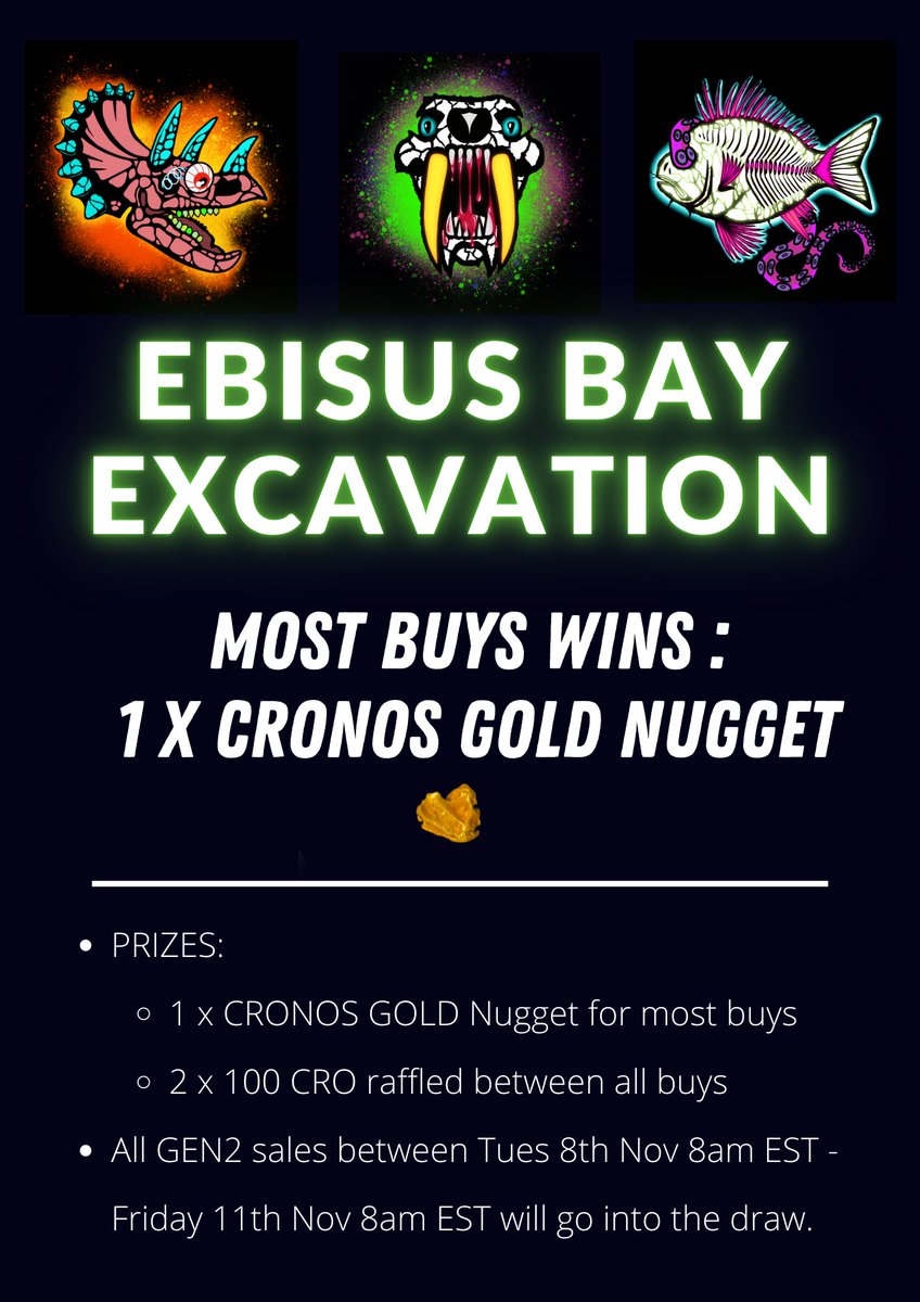 CronosRocksNFT's tweet photo. ⛏️EBISUS BAY EXCAVATION⛏️
Less than 24 hours left ⏰
Excavate a Cronos Fossil Gen2 for your chance to win!
🏆PRIZES
- Most Buys wins 1 x CRONOS GOLD Nugget
- All buys go in the draw for 2 x 100 CRO
https://t.co/4G3v2tK6Pv
#CRO #crofam #CRONOSGOLD #Gold #GOLDGiveaway https://t.co/Qai4owAiDa
