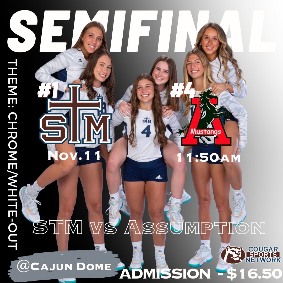 STMathleticsnow's tweet image. Game Day Alert:
Volleyball takes on Assumption in the State Semifinals. 
11:50 am in the Cajundome. 
Geaux Cougars!