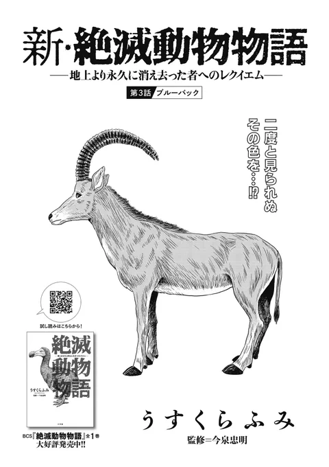 発売中のビッグコミック22号にて『新・絶滅動物物語』載っております。第3話はブルーバックです。今回作中にカラーページが入っています。単行本では一色になるかもしれないので、是非本誌を読んでいただけると嬉しいです。 