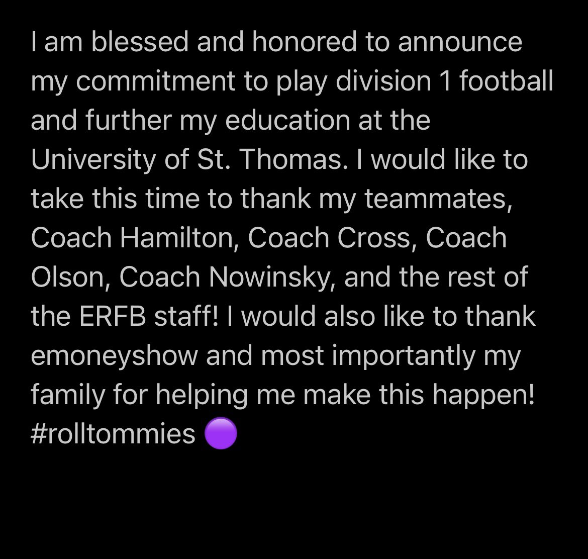 SandstromCaleb's tweet photo. #Committed #rolltommies🟣😈 @kuchinski8 @Coach_Caruso @UST_Football @ElkRiverElksFB @elks_recruits @Emoneyshow @BradOlson2020 @CoachNowinsky @PrepRedzoneMN https://t.co/iOJMd8Fxga