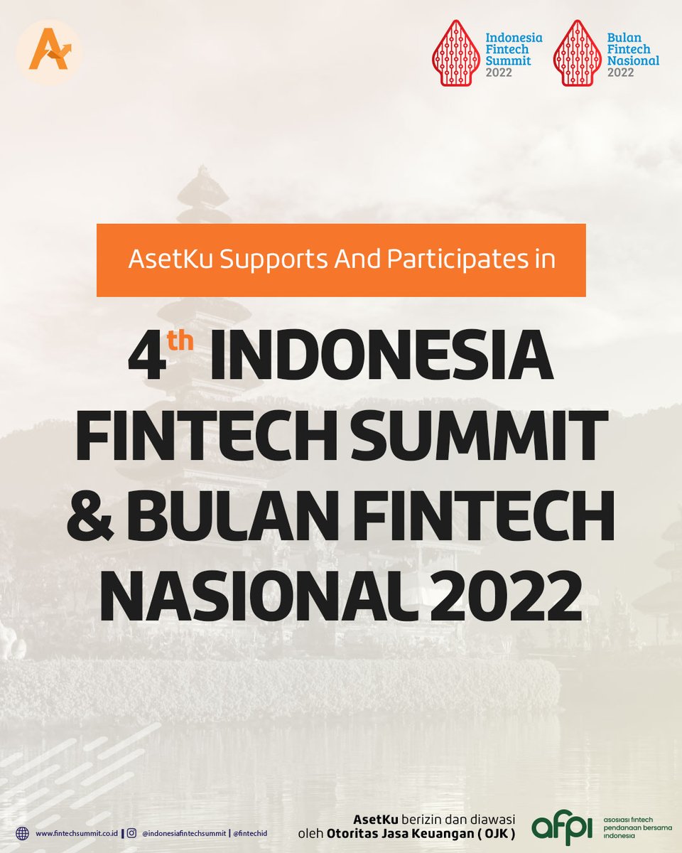 Asetku_id's tweet photo. 📢 Hi #TemanKu, Indonesia Fintech Summit dan Bulan Fintech Nasional 2022 hadir kembali lho! AsetKu juga turut berpartisipasi dan mendukung seluruh kegiatan IFS &amp; BFN 2022 ✨🎉

#AsetKu #JelasBerkembang #MajuBersamaFintech #PakaiFintech #IFSE2022 #BFN2022 #Fintechid https://t.co/kwD537SAS6