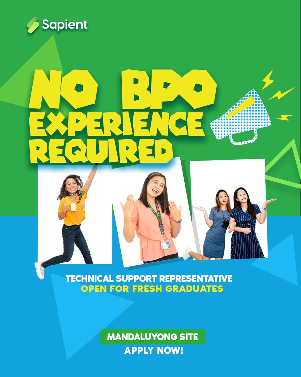 With experience or none there is always a place for you here! We are hiring TSR in our Mandaluyong site,

Apply now!

#ConquerToday
#ChooseSapientGlobal
#SapientCareers
#jobhiringph #bpojobs #bpohiring #callcenterjobs #callcenterhiringph #csrjobs #onsitejobs #hybridjobs #applynow