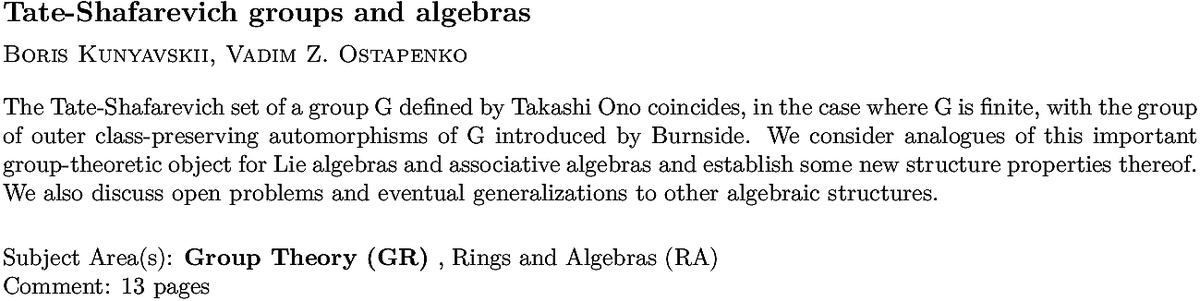 arxiv.org/abs/2211.05406…
B Kunyavskii, V Z Ostapenko
Tate-Shafarevich groups and algebras