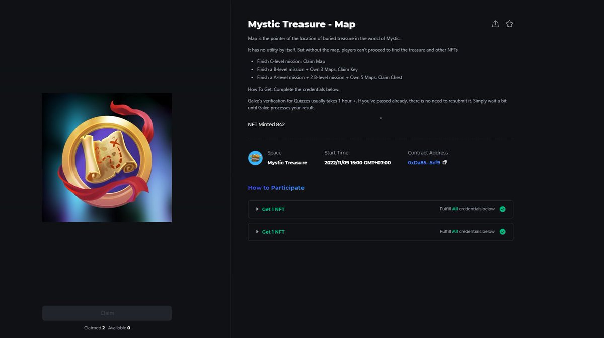 👃Mission Day 3 For NFT Drop on Galxe

The Sergeant role is not as hard as it was, wasn't it? If you claim the second Map already, let's kick off Day 3 with us.

⭐️Join here: galxe.com/mystictreasure…

1️⃣ Like + Retweet this post on Twitter 
2️⃣ Answer 8 questions about the game