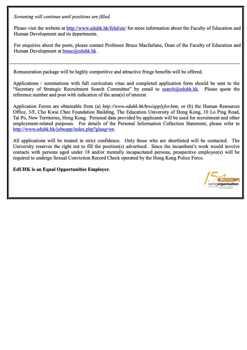 Early Childhood Education Department (ECE), EdUHK (@ece_eduhk) on Twitter photo <a href="/FEHD_EdUHK/">Faculty of Education and Human Development, EdUHK</a> seeks for Chair Professors/Professors who work in
- Capacity Building for the Education Workforce
- Parent & Community Engagement in Education
- Equity, Ethics & Social Inclusion or
- Child/Youth Mental Health & Wellbeing
Email <a href="/profbmac/">Bruce John Macfarlane</a> (bmac@eduhk.hk) for enquiries! <a href="/FEHD_EdUHK/">Faculty of Education and Human Development, EdUHK</a> seeks for Chair Professors/Professors who work in
- Capacity Building for the Education Workforce
- Parent & Community Engagement in Education
- Equity, Ethics & Social Inclusion or
- Child/Youth Mental Health & Wellbeing
Email <a href="/profbmac/">Bruce John Macfarlane</a> (bmac@eduhk.hk) for enquiries!