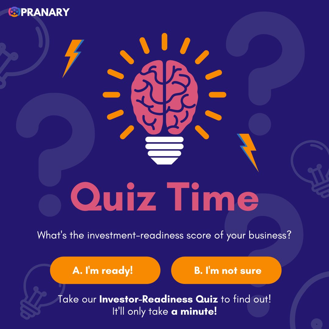 WHAT'S YOUR INVESTOR-READINESS SCORE?

Take the quiz and find out how near, or far you are to being ready for pitching for investment. 

The quiz takes 60 seconds, and produces a free report!

Take the quiz here: go2.bucketsurveys.com/sf/e271fdd3

#PlayABiggerName #GameChangers #Pranary