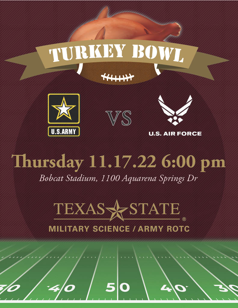 StateRotc's tweet image. #txst #armyrotc will be playing #airforcerotc at Bobcat Stadium in the annual #turkeybowl, get there at 5:30pm for kickoff time 6:00pm 🏈 LET&apos;S GO ARMY!