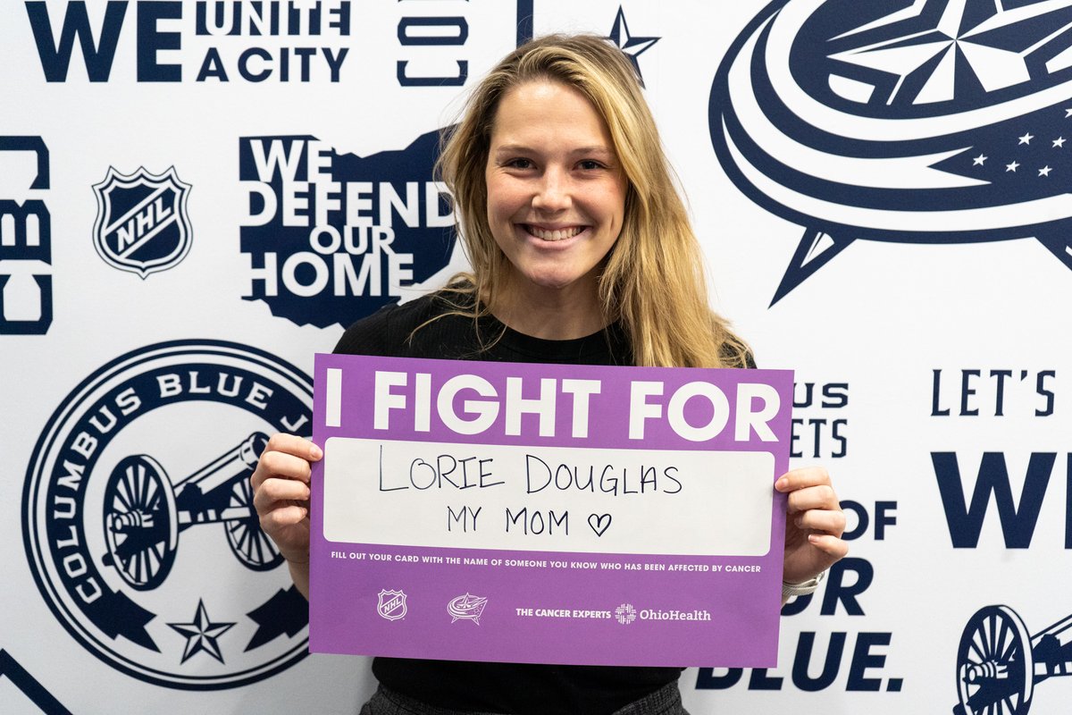BlueJacketsNHL's tweet photo. Partnership Activation Specialist @EakinMorgan fights for her mom, Lorie Douglas.
 
 #HockeyFightsCancer | @OhioHealth
 
💜 https://t.co/4YEwO2tndT https://t.co/KRtmIvjY9y