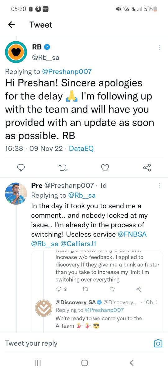 Preshanp007's tweet photo. @Rb__sa @CelliersJ1 @Discovery_SA .. here's the difference in service. Been trying to get my credit card fixed with fnb since Sunday. Multiple messages tweets mails from  private banker. NOTHING

@Discovery_SA - I apply and in 2 days I have my accounts setup and cards on the way https://t.co/qaN2741GtF
