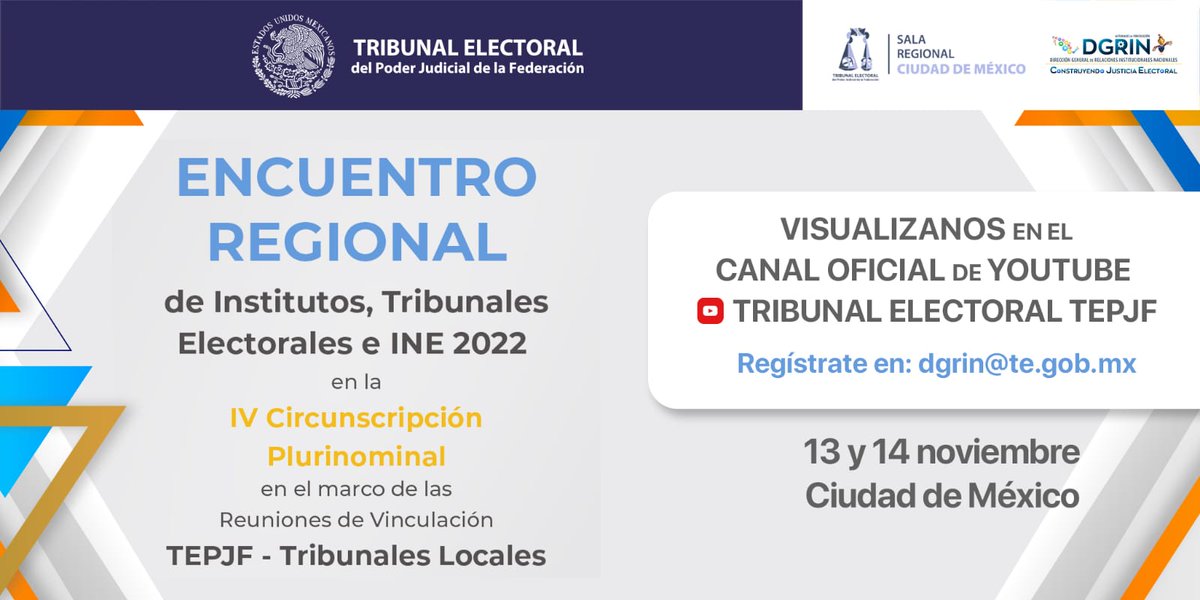 El <a href="/TET_Tlax/">TETlax</a> te informa:

13 y 14 de noviembre  "Encuentro Regional de Institutos, Tribunales Electorales y el <a href="/INEMexico/">@INEMexico</a> 2022".

Síguelo de manera virtual.

#TribunalElectoraldeTlaxcala⚖️
🏢<a href="/TEPJF_informa/">Tribunal Electoral del PJF</a>
<a href="/TEPJF_SRCDMX/">Sala Regional Ciudad de México</a>
<a href="/TEPJF_Esp/">Sala Especializada</a>
👩🏻‍⚖️<a href="/Claudia_Salva1/">Claudia Salvador</a>
👨🏻‍⚖️<a href="/JosLumbrerasGa1/">José Lumbreras García</a>
👨🏻‍⚖️<a href="/MiguelNvX/">Miguel Nava</a>