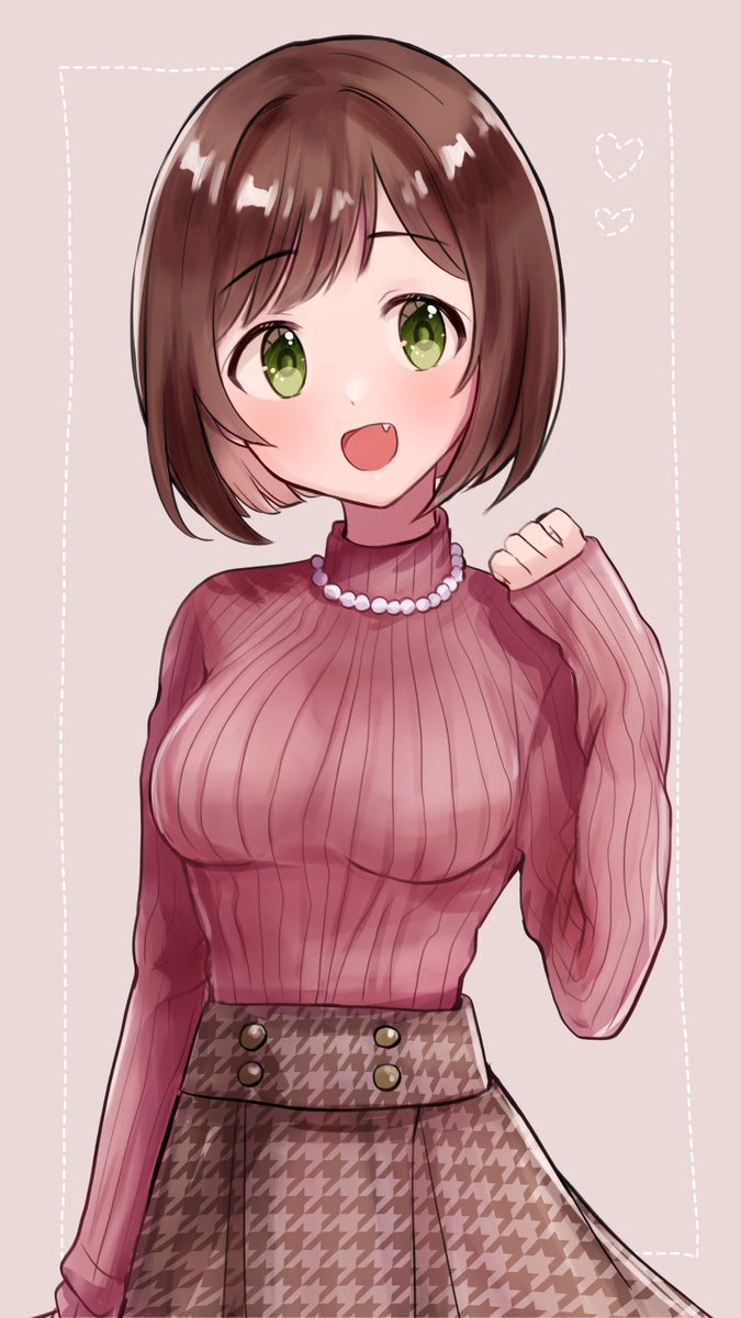 maekawa miku 1girl solo fang skirt brown hair green eyes sweater  illustration images