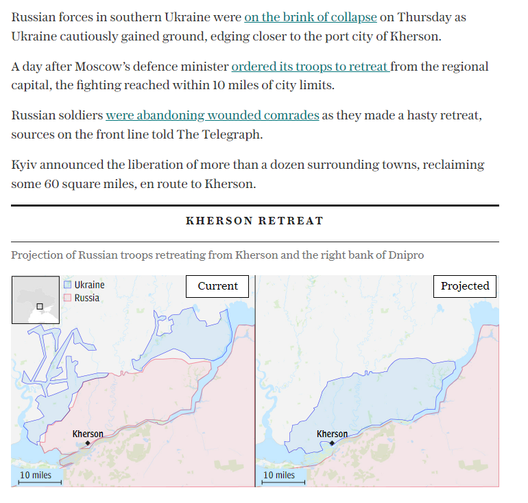OnyaDon's tweet photo. #Russia's wounded soldiers abandoned to their fate in #Kherson as army flees before #Ukrainian advance
#Kyiv announces liberation of more than a dozen towns but warns city itself may have been heavily mined by retreating #Kremlin troops @Telegraph https://t.co/hMbW2PkffL