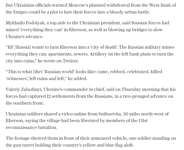 OnyaDon's tweet photo. #Russia's wounded soldiers abandoned to their fate in #Kherson as army flees before #Ukrainian advance
#Kyiv announces liberation of more than a dozen towns but warns city itself may have been heavily mined by retreating #Kremlin troops @Telegraph https://t.co/hMbW2PkffL