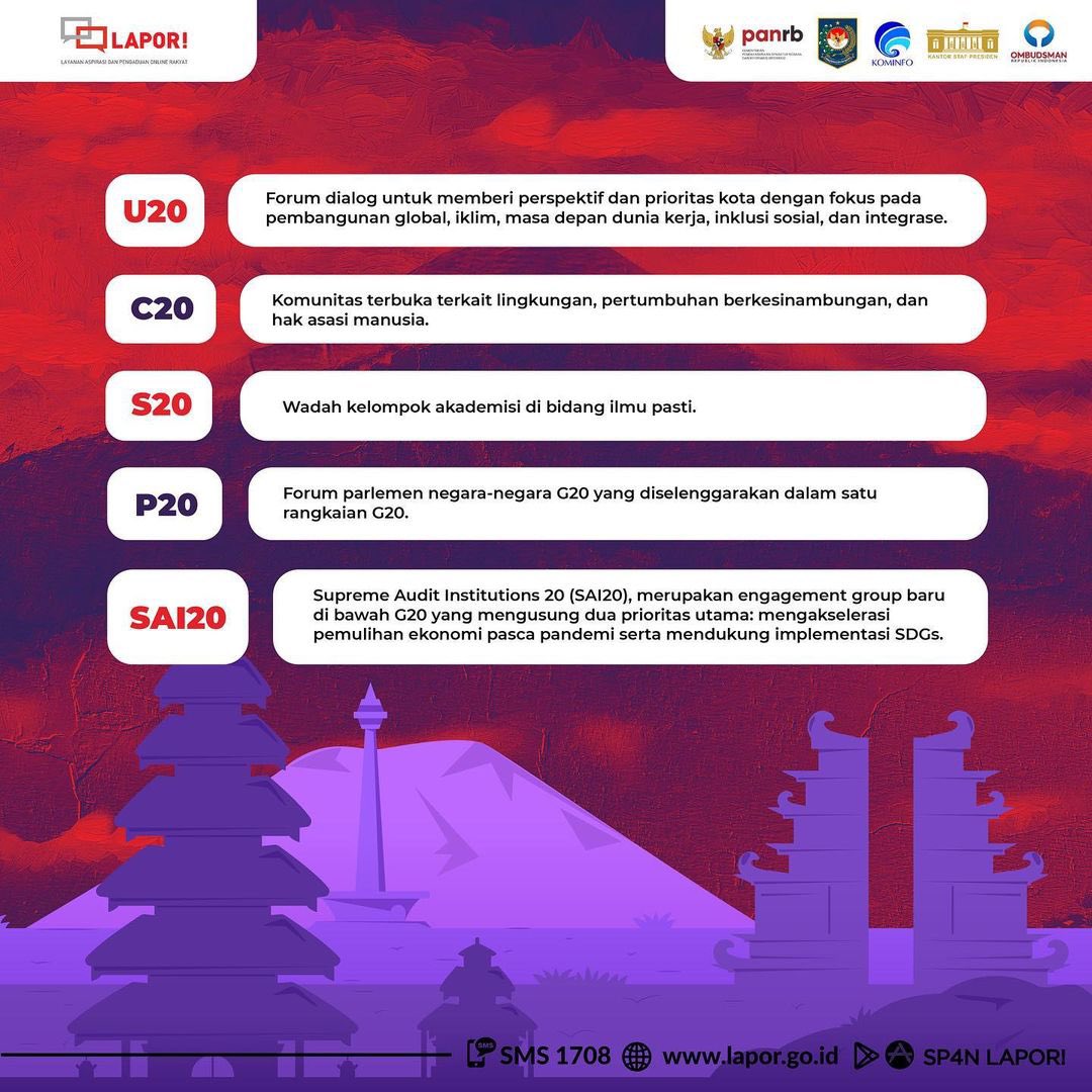 Siang, #SahabatLAPOR!
Kegiatan G20 sebentar lagi akan digelar nih sobat, Namun sebelum itu, #SahabatLAPOR! perlu paham dulu tentang istilah kata yang sering dipakai di Presidensi G20.Jangan lupa disave ya, sobat!
---
#lapor1708 #beranilapor #pelayananpublik #G20