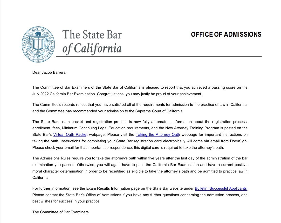 jakebarrera_'s tweet photo. I PASSED THE CA BAR EXAM! 😭😭 #FirstGen #LatinxAttorney https://t.co/TkcP0gnLoI